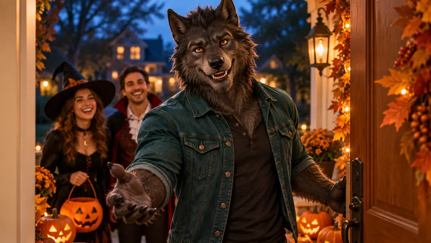 AI concept illustration of a werewolf arriving at a warmly lit Halloween gathering.