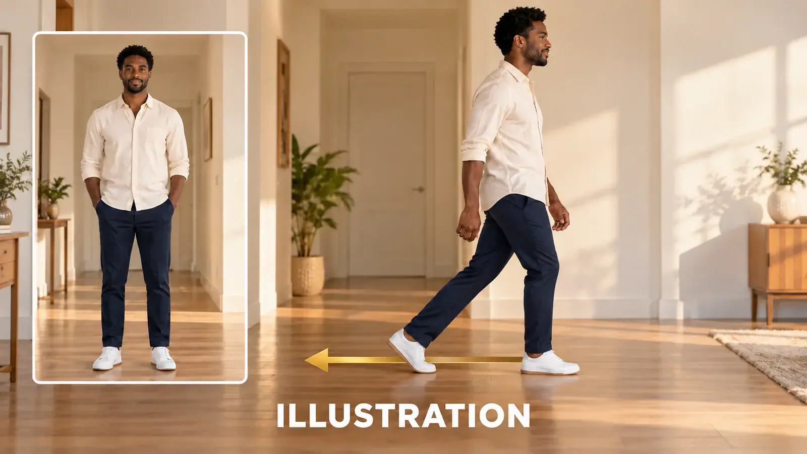 Illustration of one person photo and a backward moonwalk glide with a direction arrow