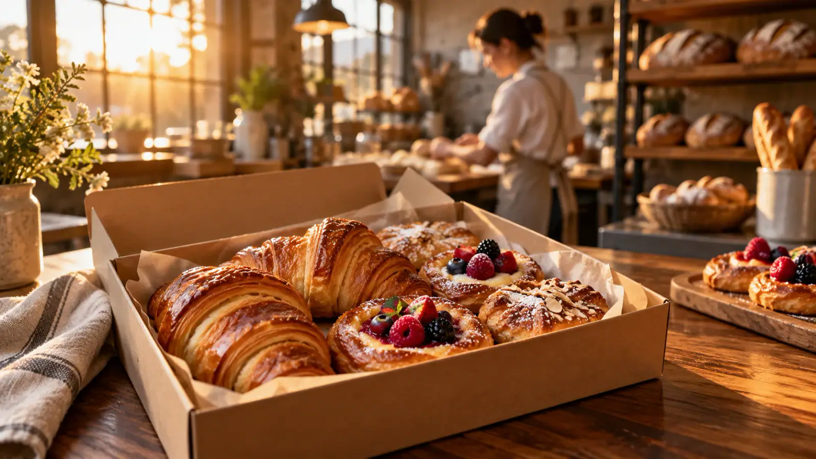 Illustrative scene: Pastry box on an artisan bakery counter in morning light.