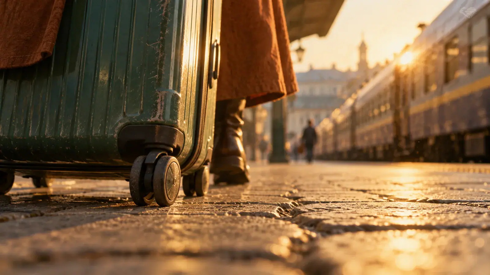 Illustrative scene: Close-up of teal suitcase wheels on station paving with a train in the background.