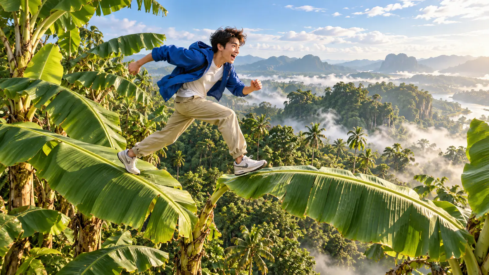 AI concept image of a man in a blue jacket running across giant banana leaves at treetop height