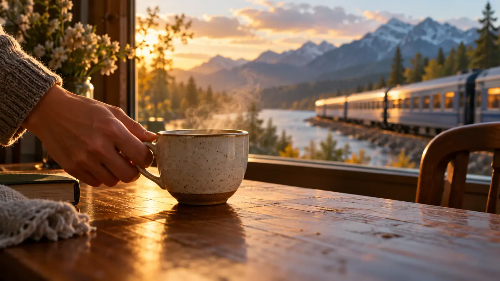Illustrative scene: Ceramic cup on a table with a train visible through the window.