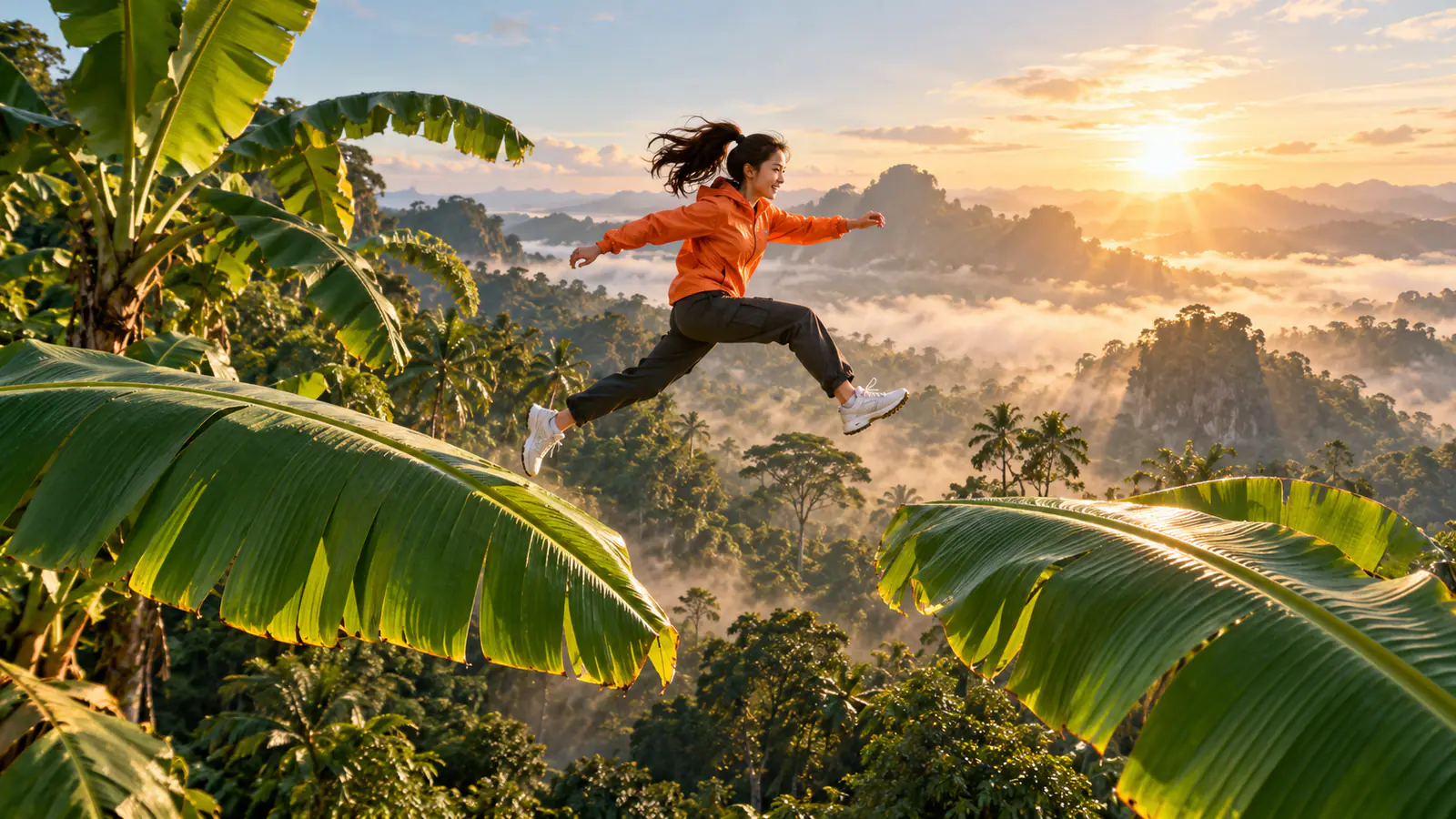 AI concept image of a woman in an orange jacket leaping between giant banana leaves above a misty rainforest