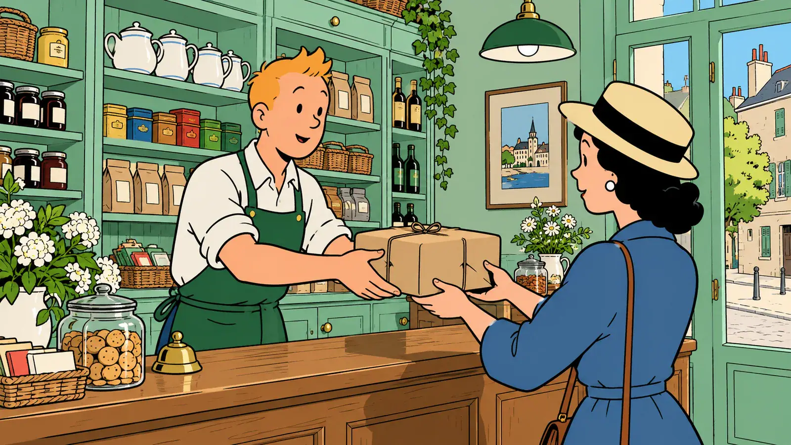 Illustrative scene: Comic-style shopkeeper handing a paper parcel to a customer across a mint-green shop counter.