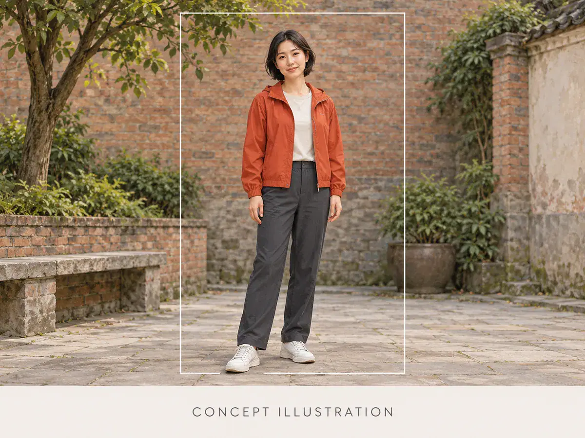 Concept illustration: full body portrait with face, jacket and shoes inside a crop guide