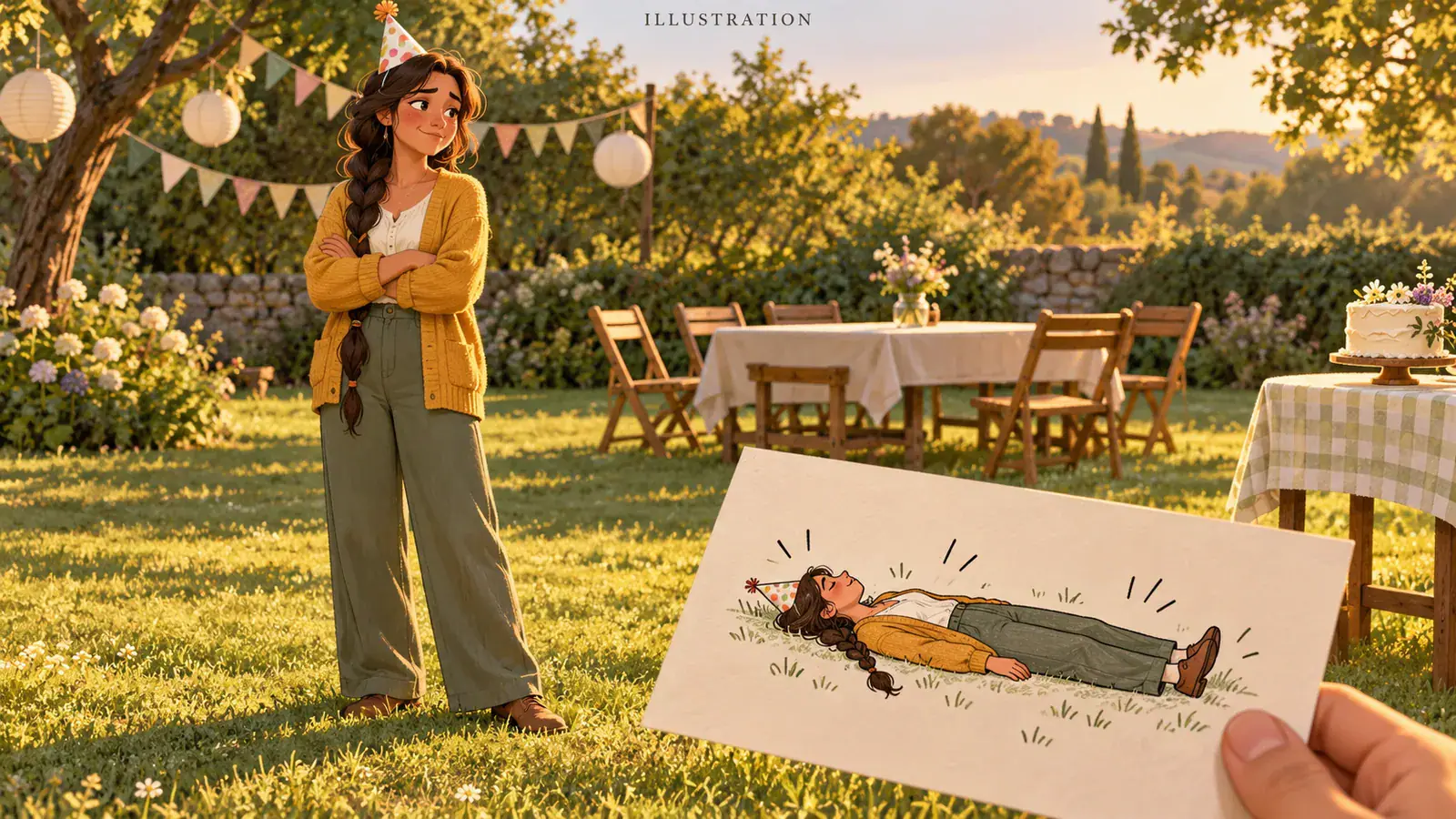Illustration: a celebration scene planned as a fictional falling reaction joke
