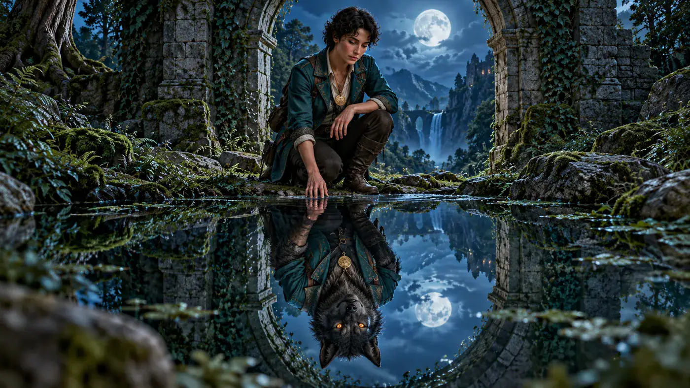AI concept illustration of a forest explorer with a werewolf reflection.