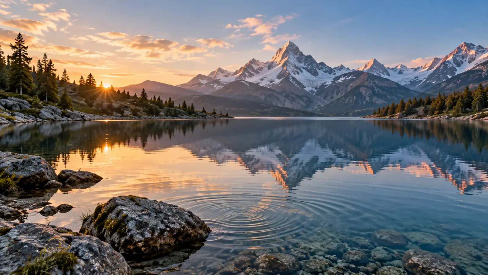 Illustrative scene: Gentle ripples on an alpine lake beneath a steady mountain horizon.