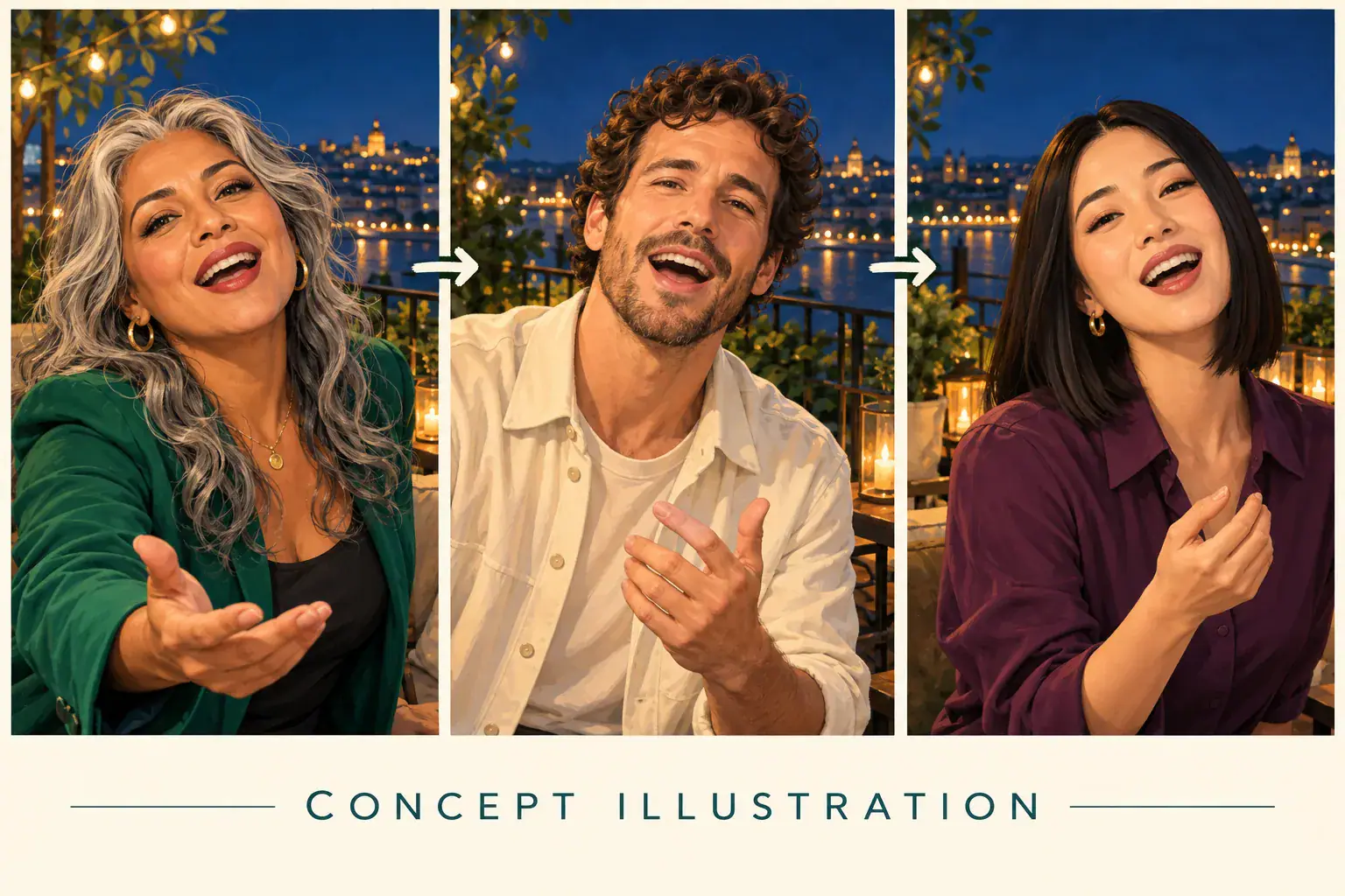 Concept illustration: a different trio in a nighttime terrace close-up sequence