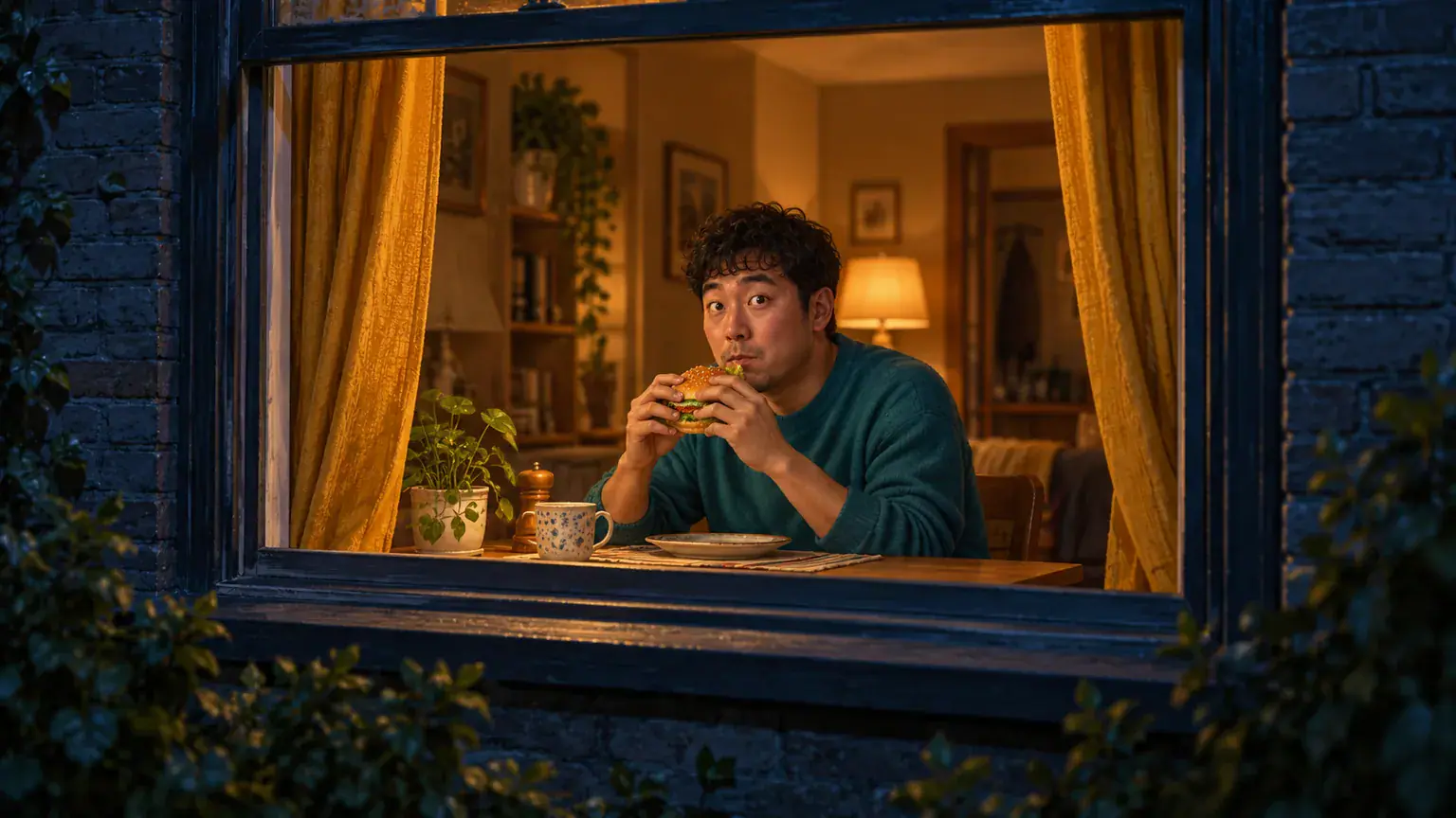 Original AI concept illustration of a diner holding a burger at a lit night window beside curtains