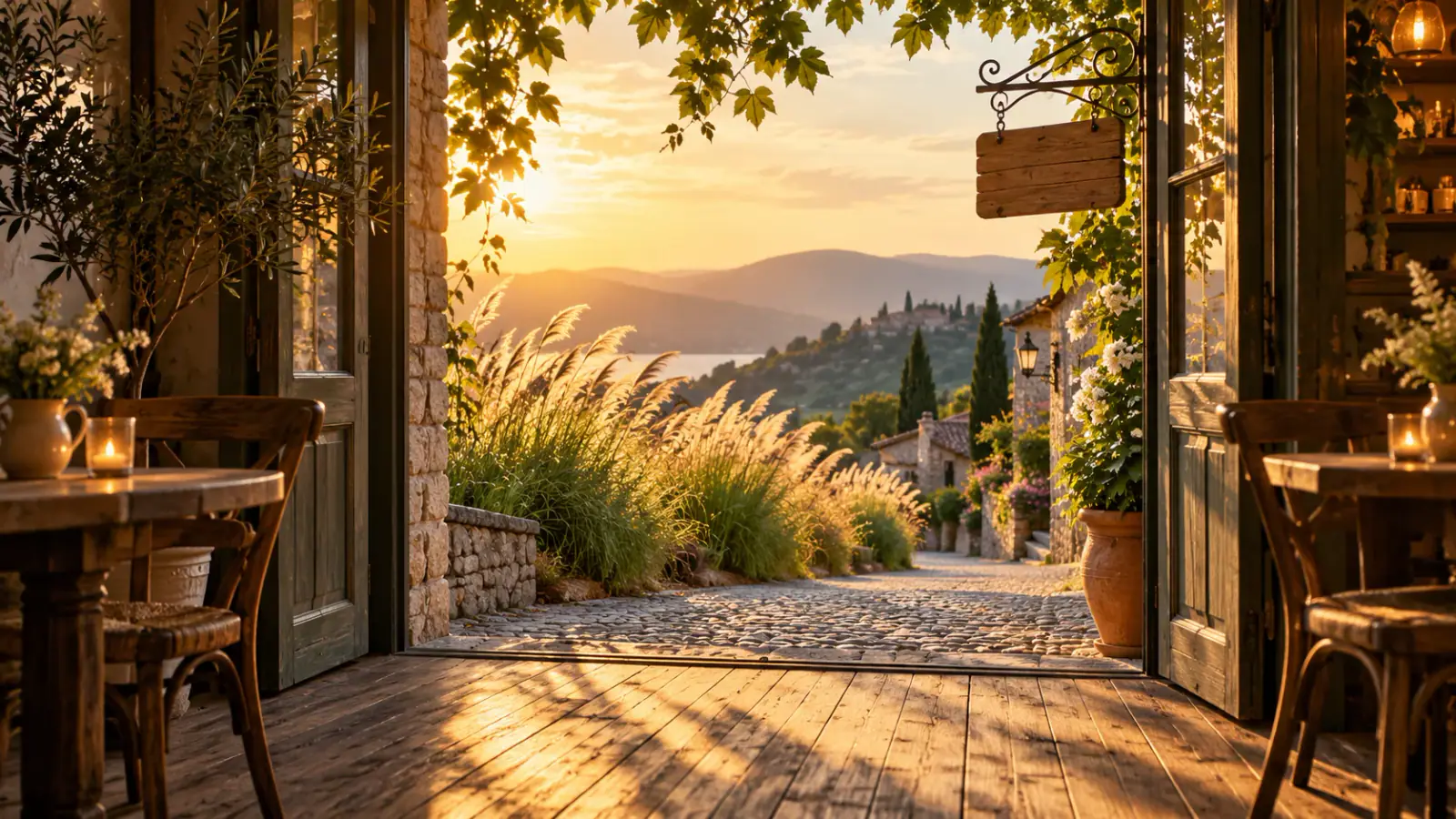 Illustrative scene: Open cafe doorway framing grasses and a quiet cobblestone lane.