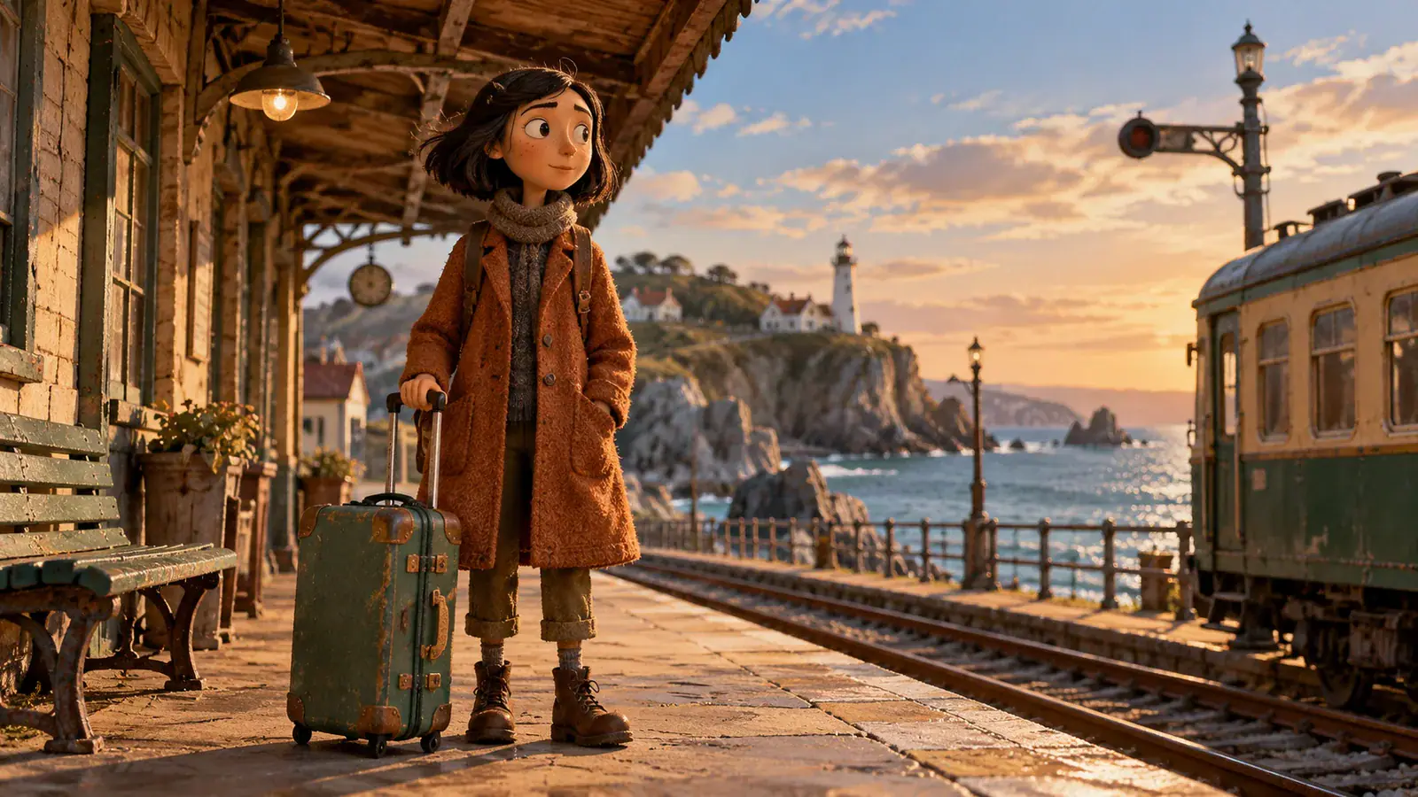 Illustrative scene: Animated traveler in an ochre coat with a teal suitcase at a coastal train station.
