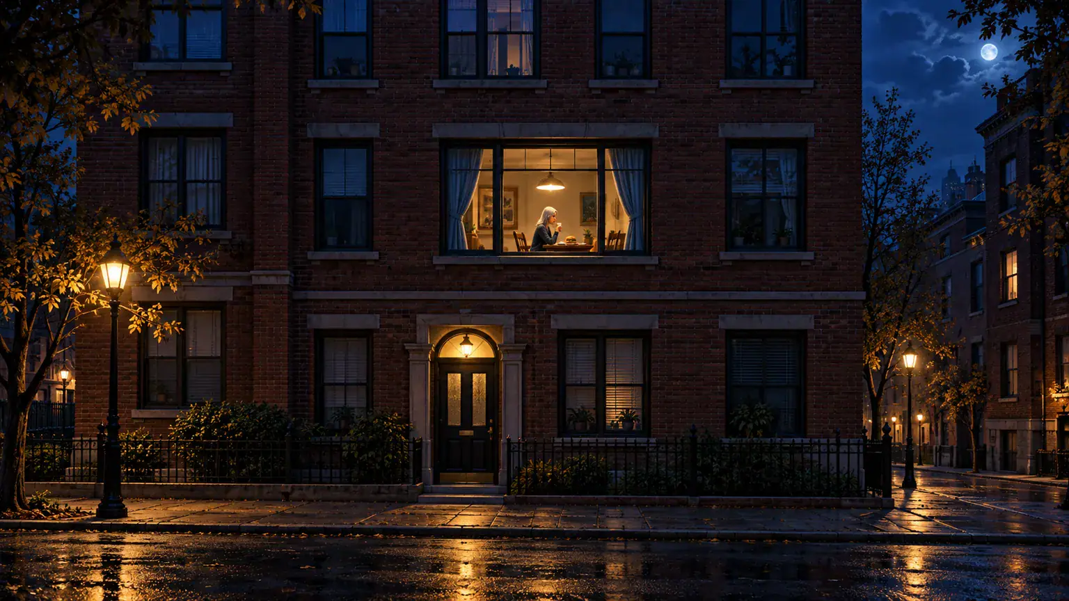 Concept illustration of a dark apartment facade and one warm dining window