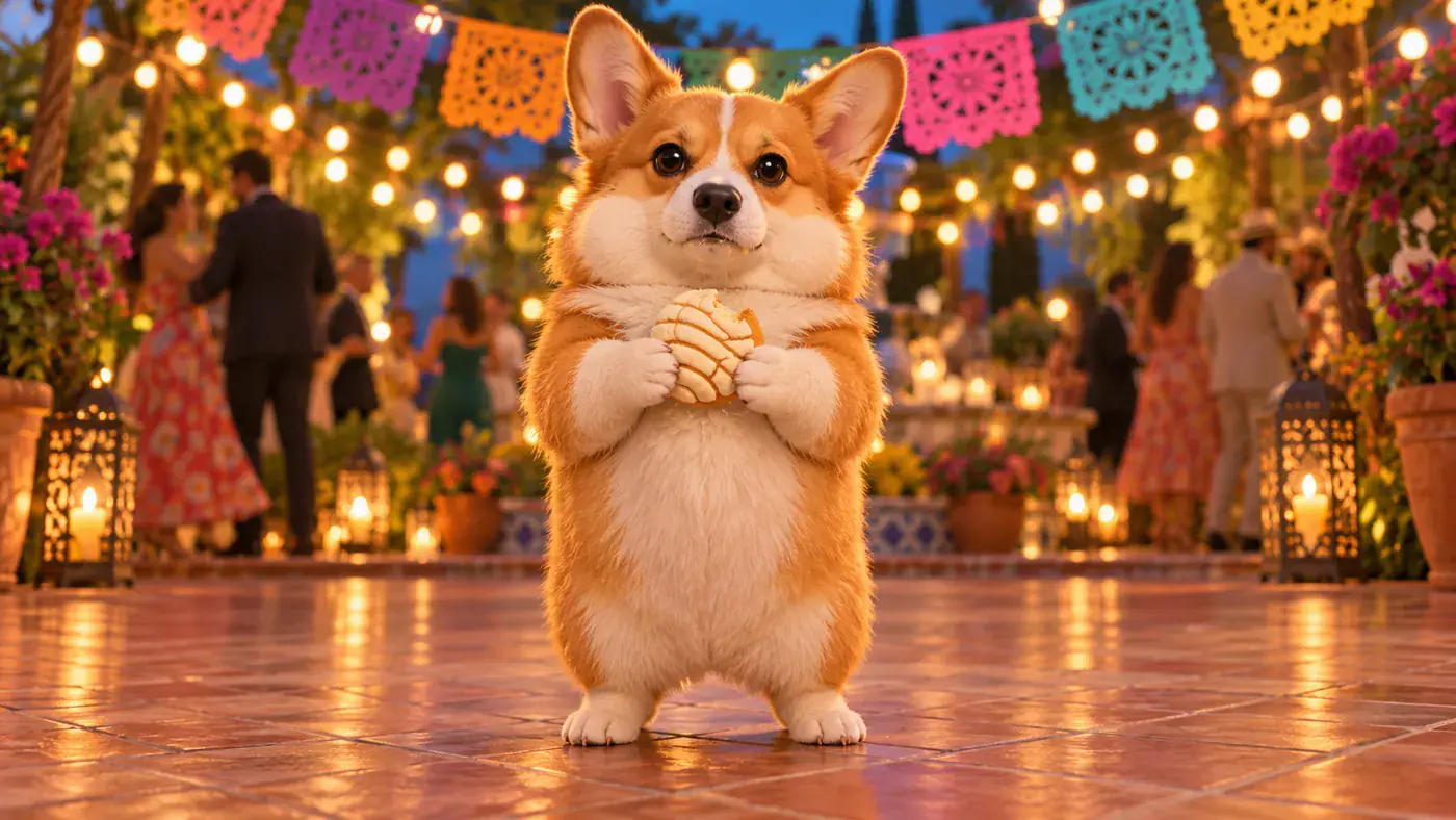 Whimsical AI concept illustration of a corgi as the concha party protagonist.