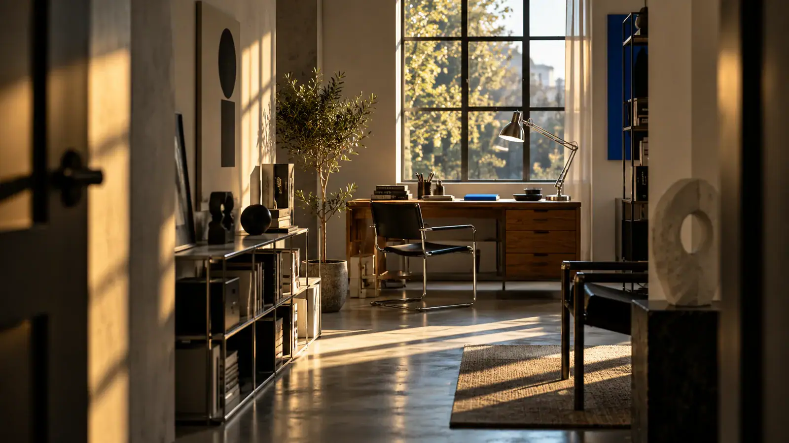 Illustrative scene: View through a studio doorway toward a wooden desk with a silver lamp and blue notebook.