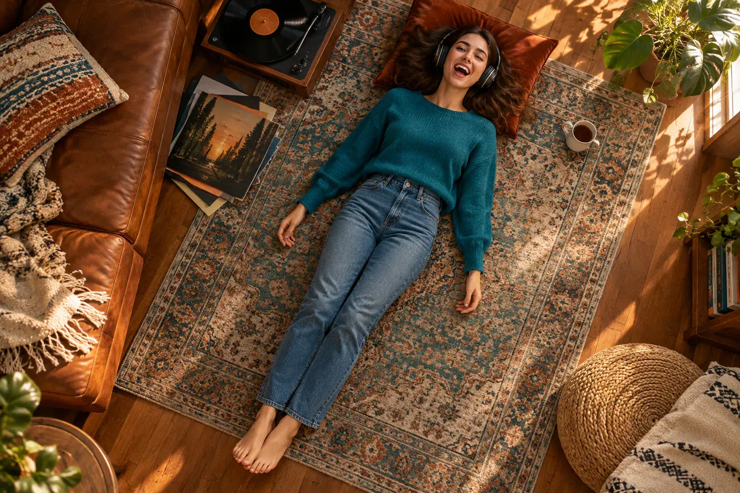 Original adult character lying on a rug looking upward, concept illustration