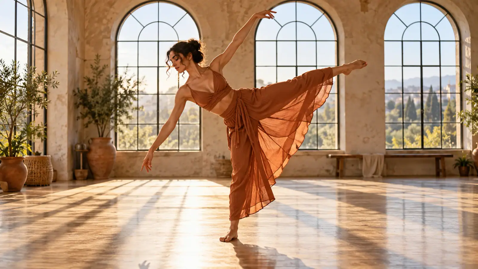 Illustrative scene: Dancer in a terracotta outfit in a sunlit rehearsal studio.