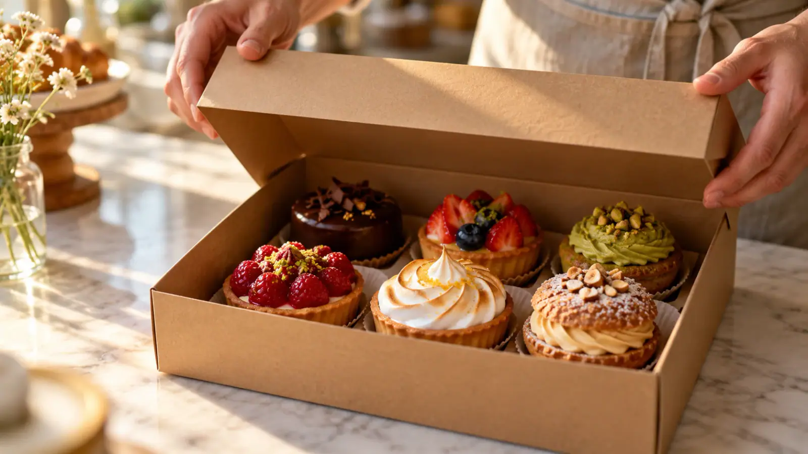 Illustrative scene: Hands opening a pastry box on a bakery counter.