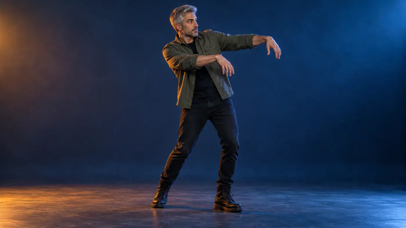 AI concept illustration of an adult man in everyday clothes holding a zombie dance pose in a studio