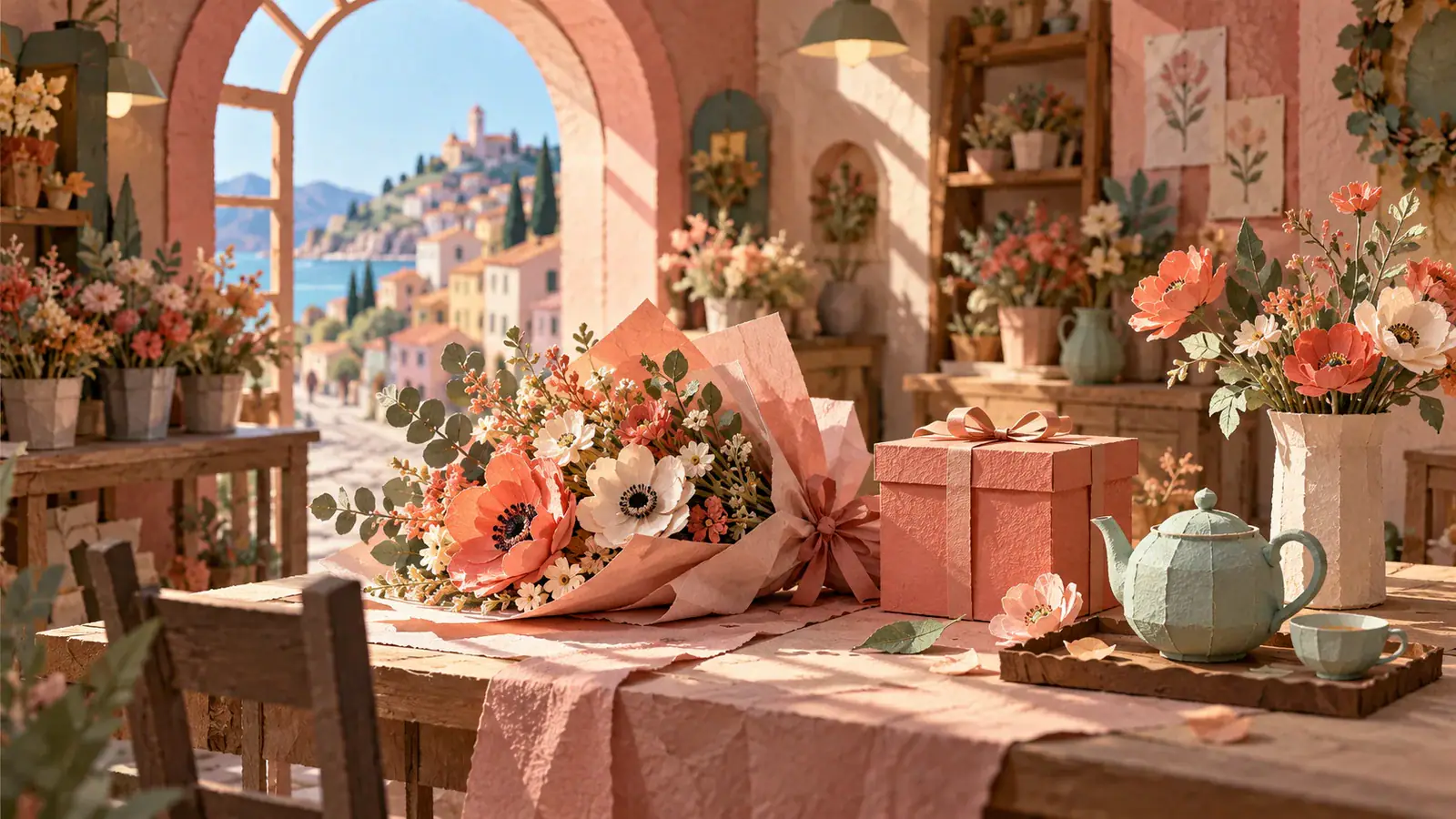 Illustrative scene: Pastel paper-craft flower shop with a bouquet, coral gift box and celadon teapot.