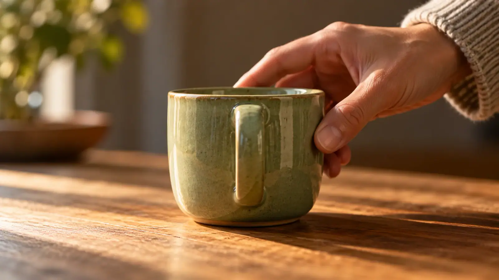 Illustrative scene: Hand turning a sage-green ceramic cup on a wooden table.