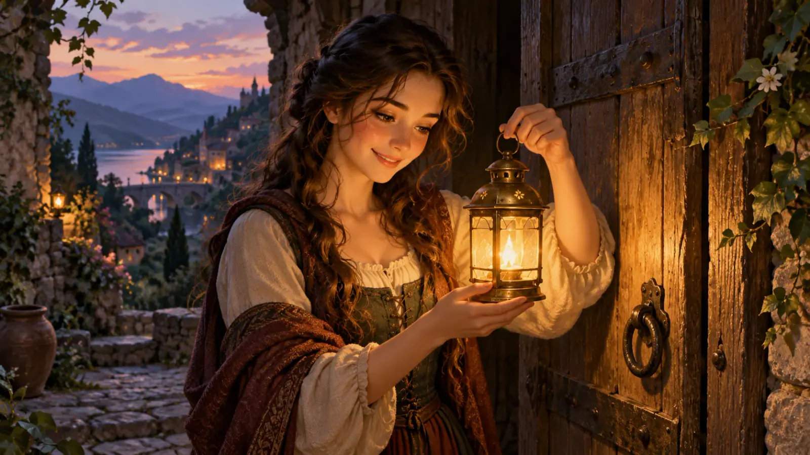 Illustrative scene: Illustrated woman smiling at a lantern beside a wooden doorway.