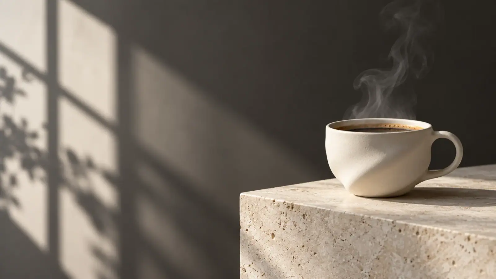 Illustrative scene: Steam rising from an ivory ceramic cup on a stone plinth.
