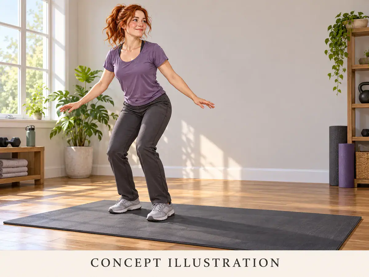 Concept illustration: a woman finishes a landing with both feet on an exercise mat