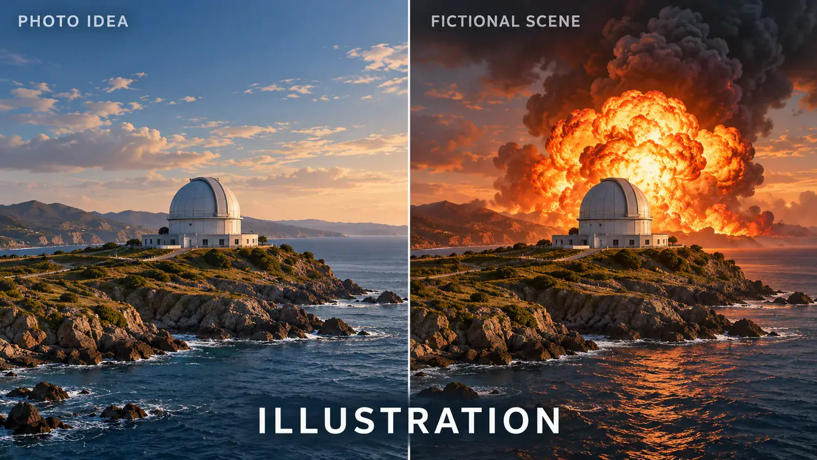 Labeled illustration comparing a calm coastal observatory with a fictional explosion scene