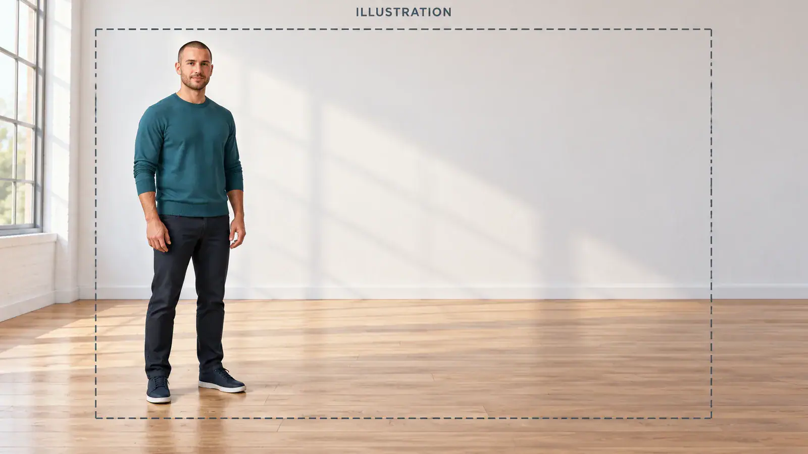 Illustration: a full body standing portrait with open ground beside the feet
