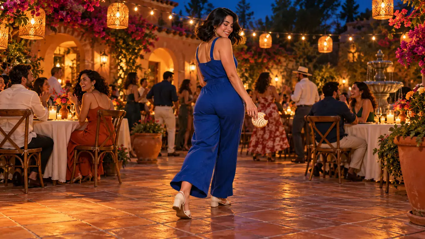 AI concept illustration of a woman turning back onto a courtyard dance floor with a concha.