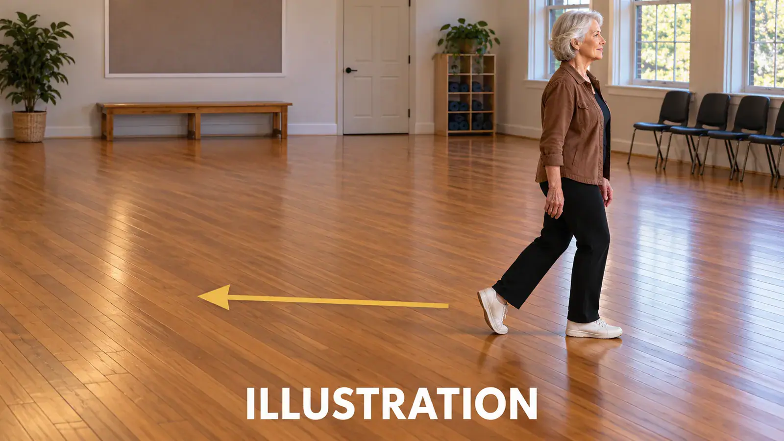 Illustration of a dancer with open floor space behind her for a backward glide