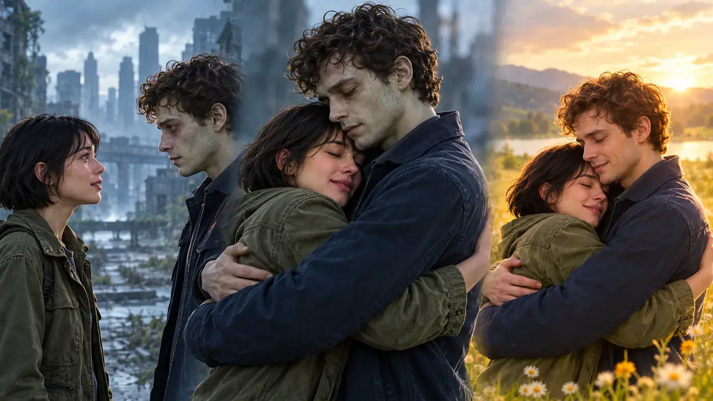 AI concept storyboard of a survivor recognizing and embracing an infected partner, then recalling a warm memory.