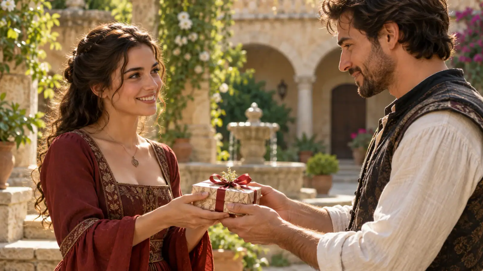 Illustrative scene: Two people exchanging a wrapped parcel in a sunlit courtyard.