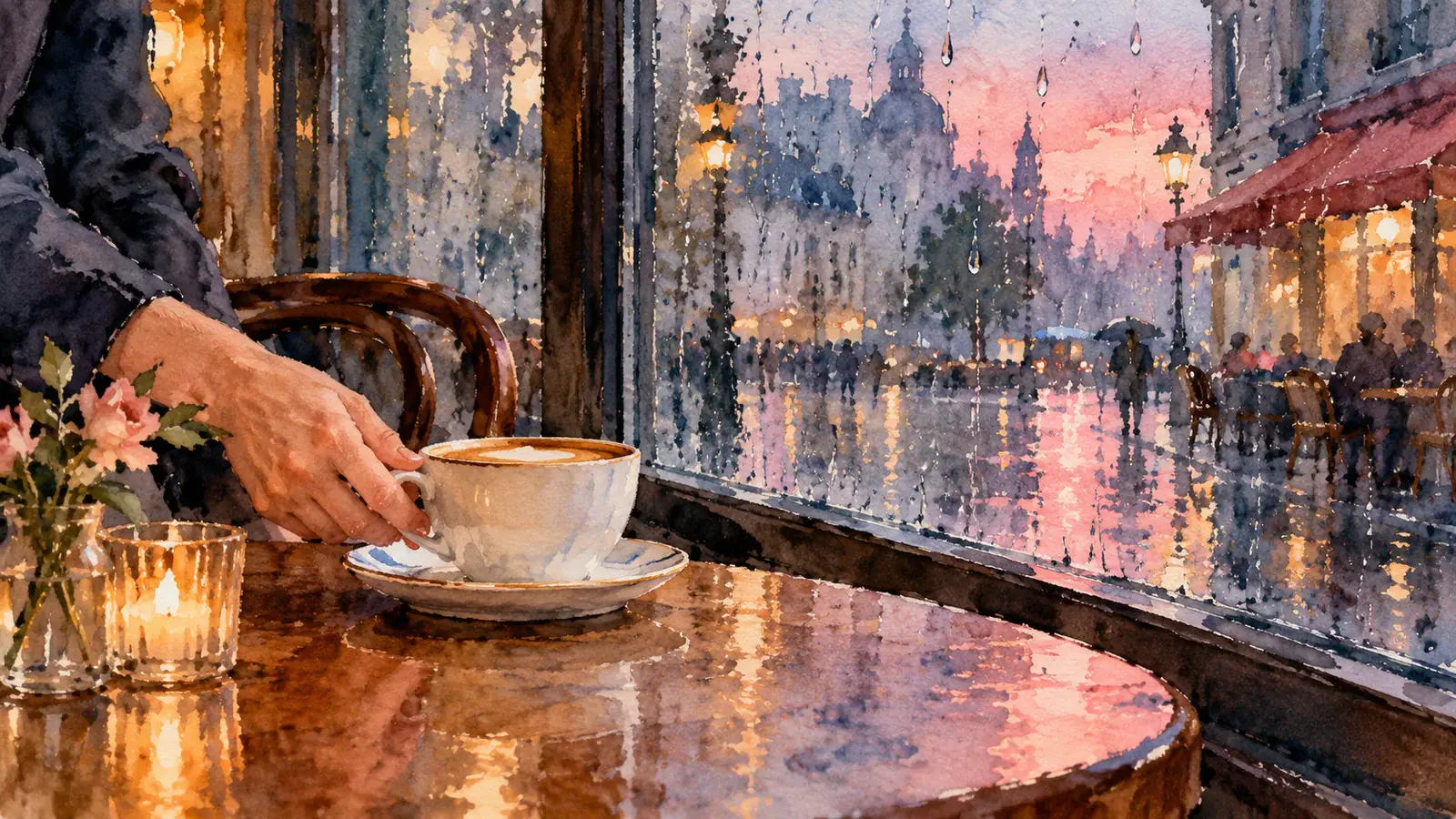 Illustrative scene: Watercolor of a hand placing a cup on a saucer beside a rain-streaked cafe window.