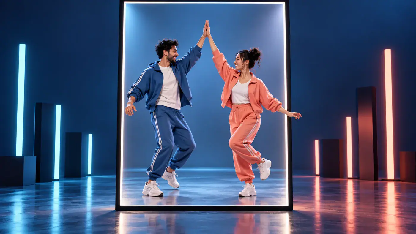 AI concept illustration of an adult dance duo sharing a high five inside a vertical frame