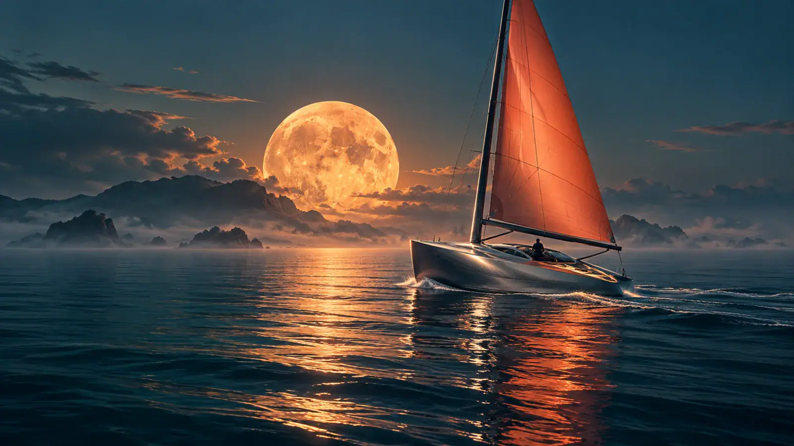 Concept illustration of a silver sailboat below an amber moon, not FLUX 3 Max output