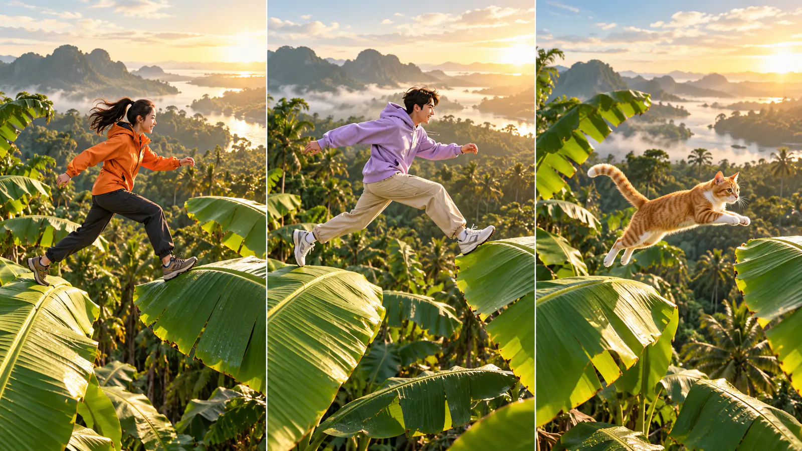 AI concept triptych of a woman, a man, and an orange tabby cat taking separate banana leaf running challenges