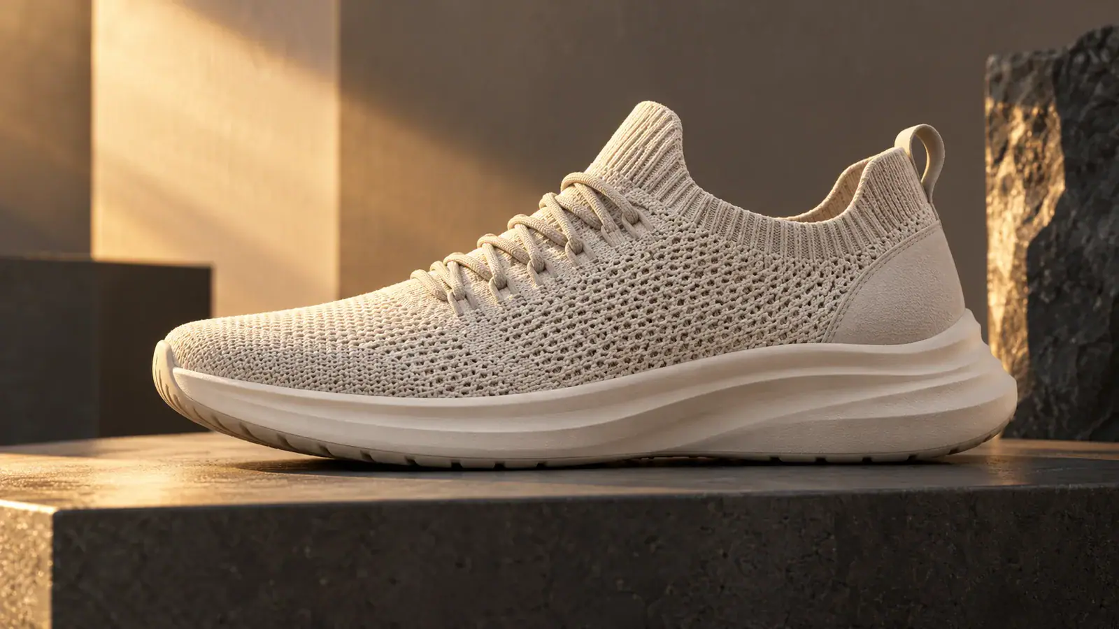 Illustrative scene: Cream knit sneaker on a graphite plinth with warm side lighting.