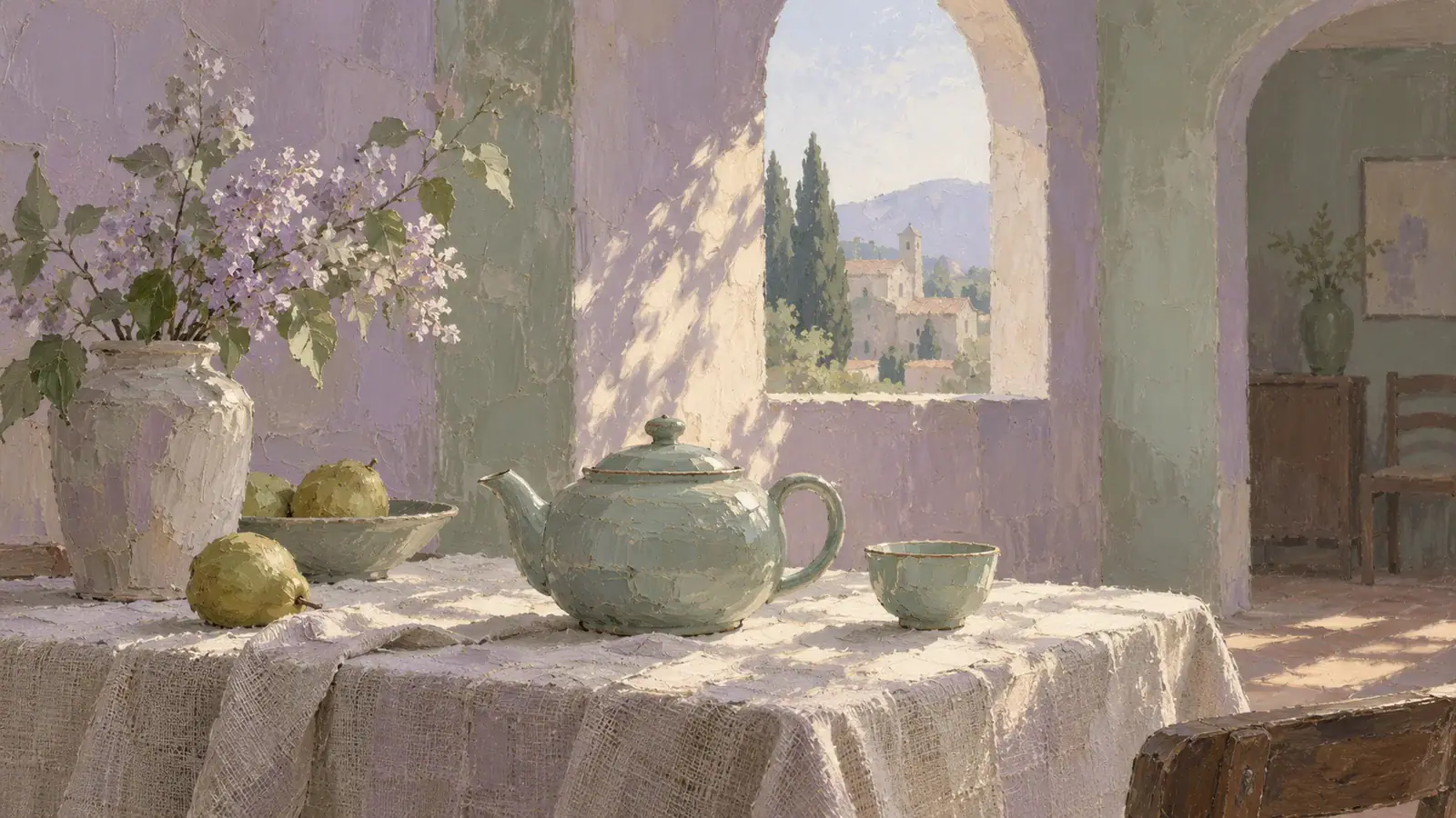 Illustrative scene: Oil painting of a celadon teapot on a linen-covered table in an arched-window room.