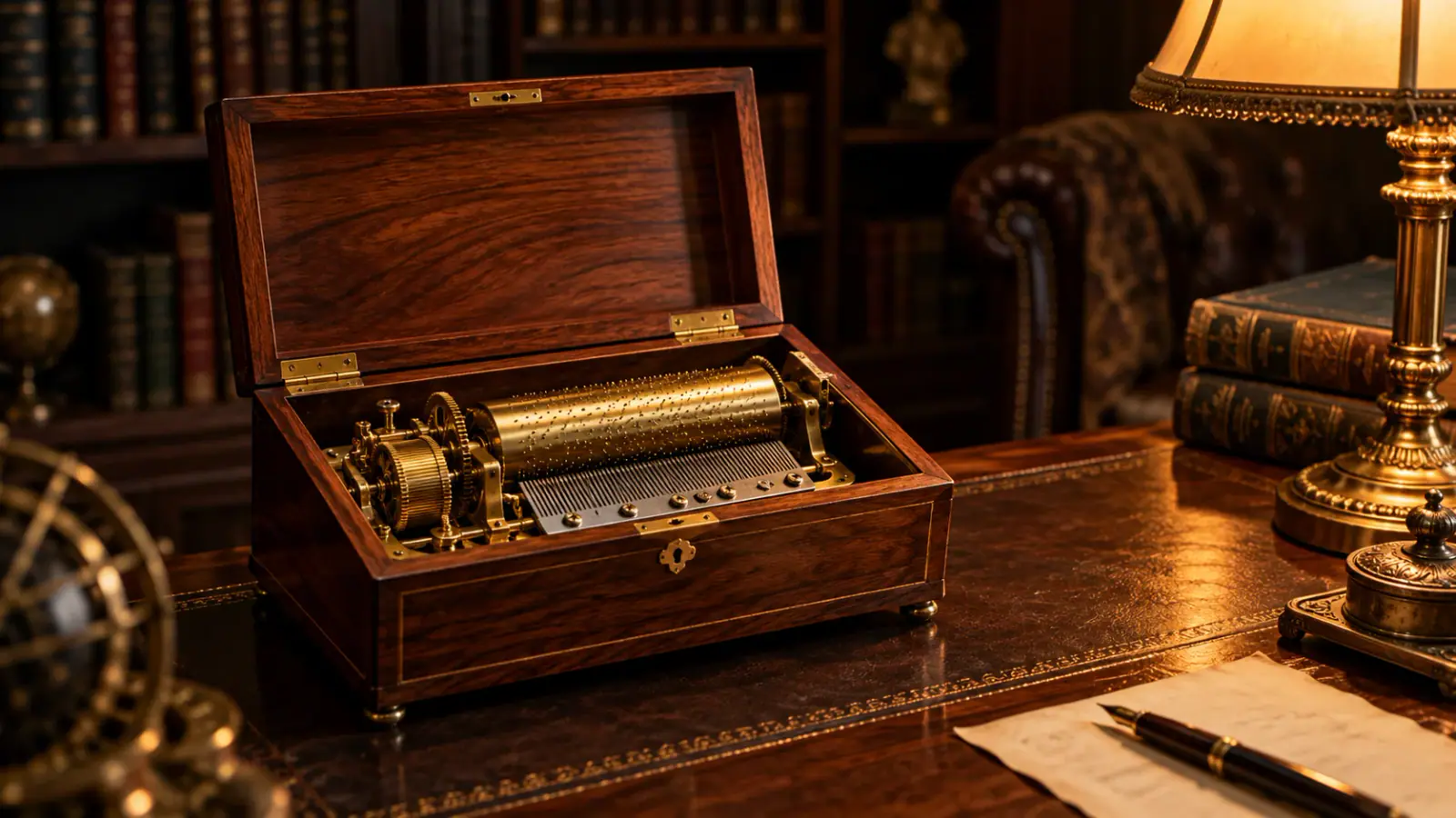Illustrative scene: Open wooden music box revealing its brass mechanism.
