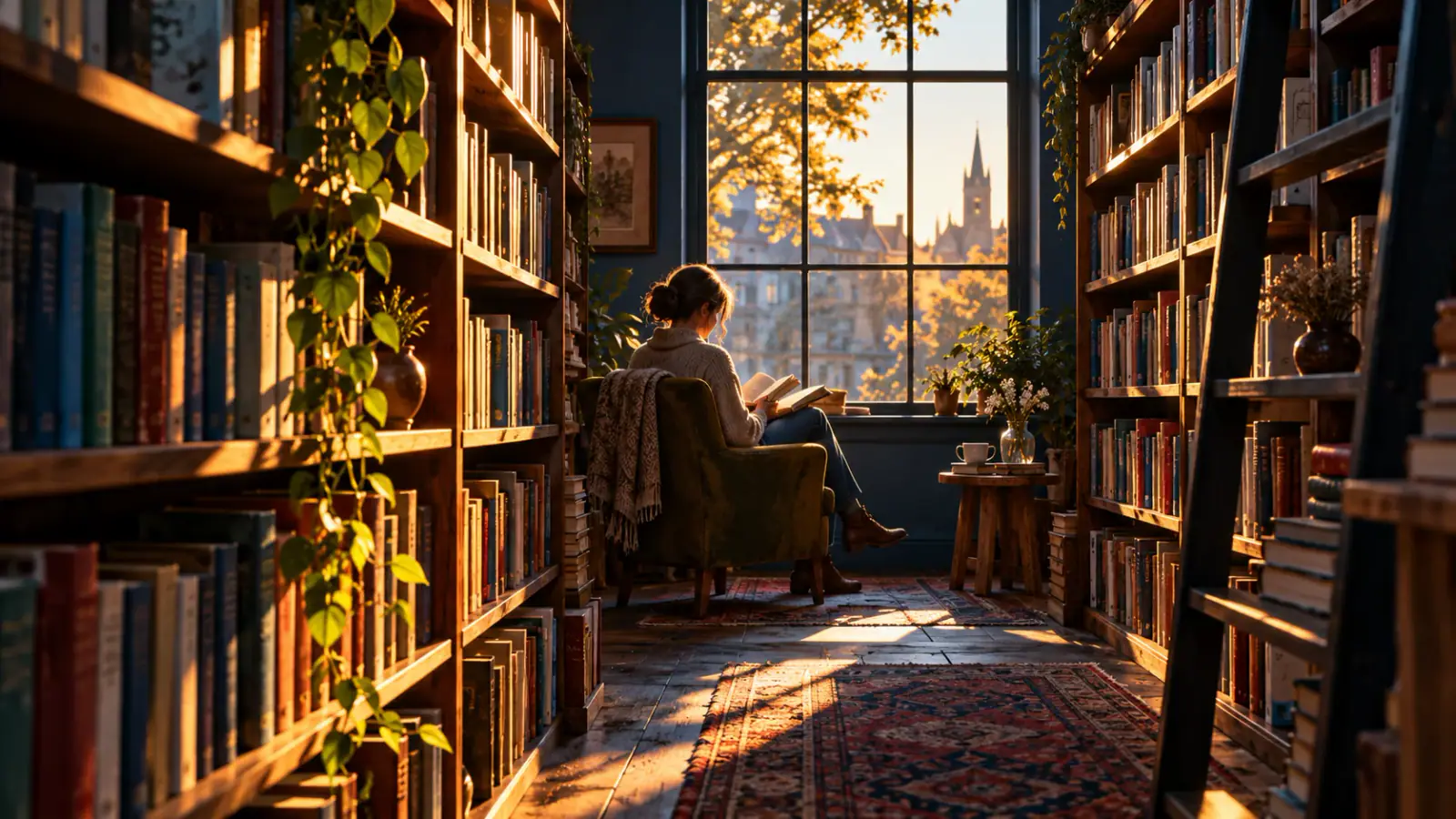 Illustrative scene: Bookstore aisle leading toward a reader in afternoon light.