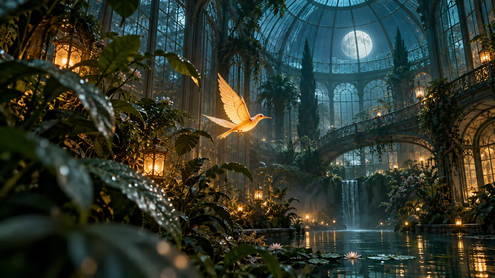Concept illustration of a glowing paper bird in a moonlit greenhouse, not model output