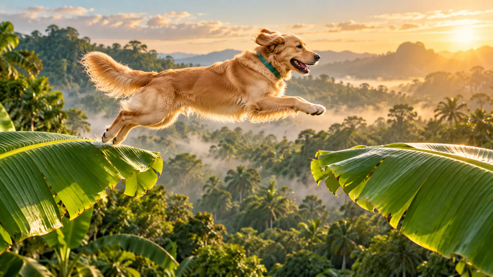 AI concept image of a golden retriever jumping between giant banana leaves in warm morning light