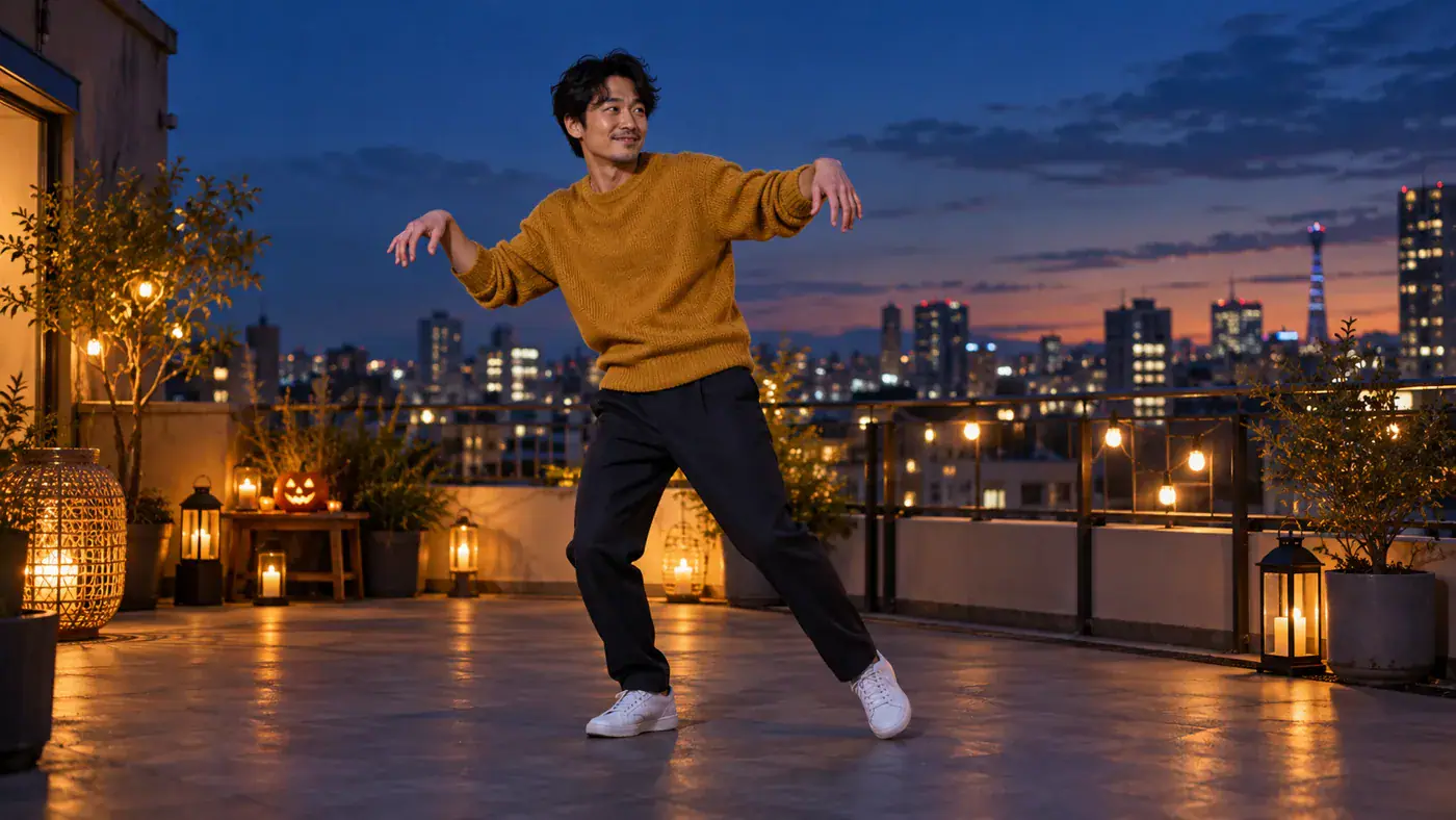 AI concept illustration of an adult man in a mustard sweater taking a sideways dance step on a rooftop