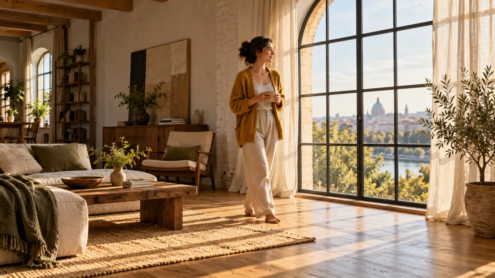 Illustrative scene: Woman in a mustard cardigan beside a sunlit loft window.