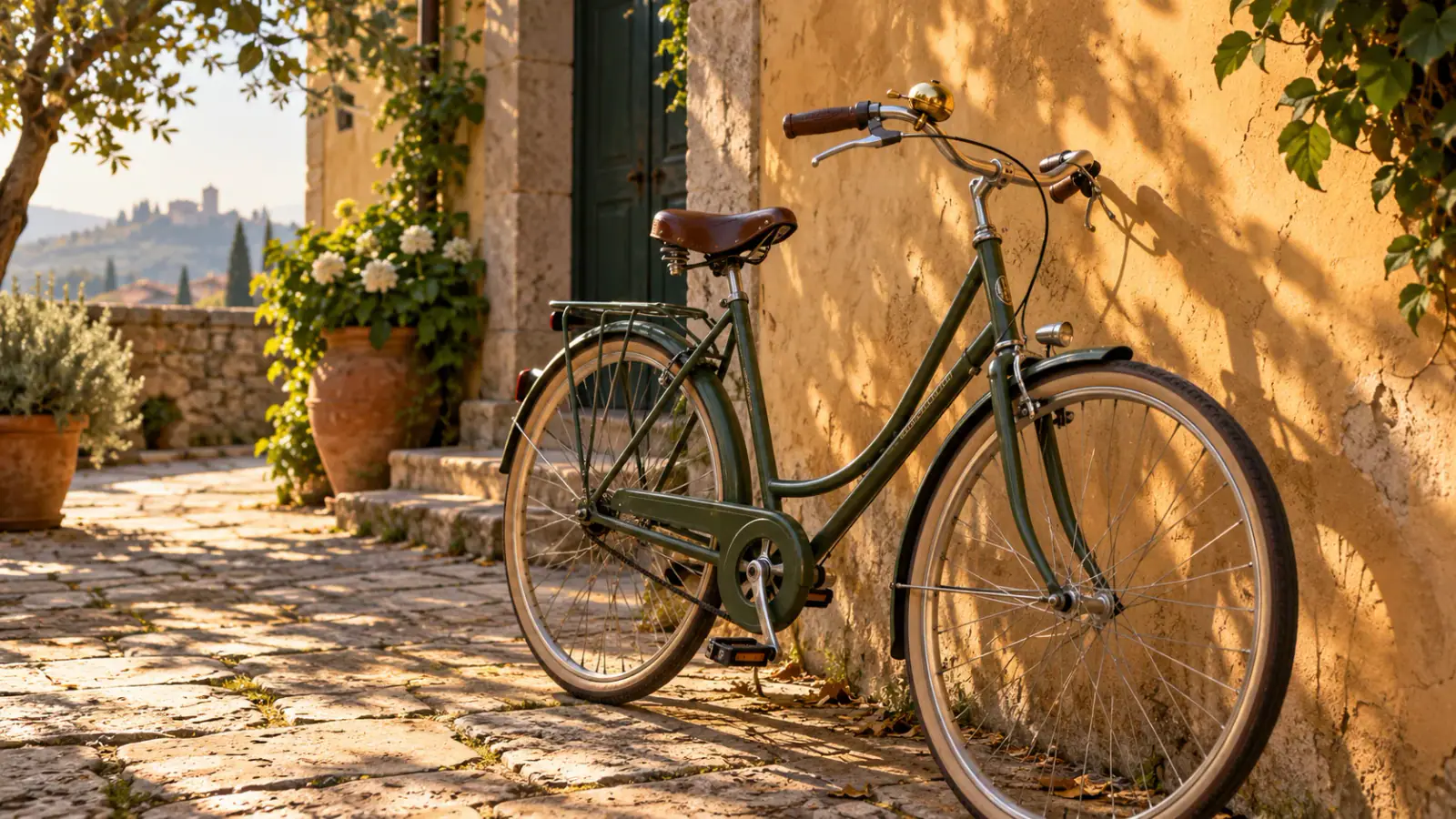 Illustrative scene: Bicycle with a brass bell beside a sunlit courtyard wall.
