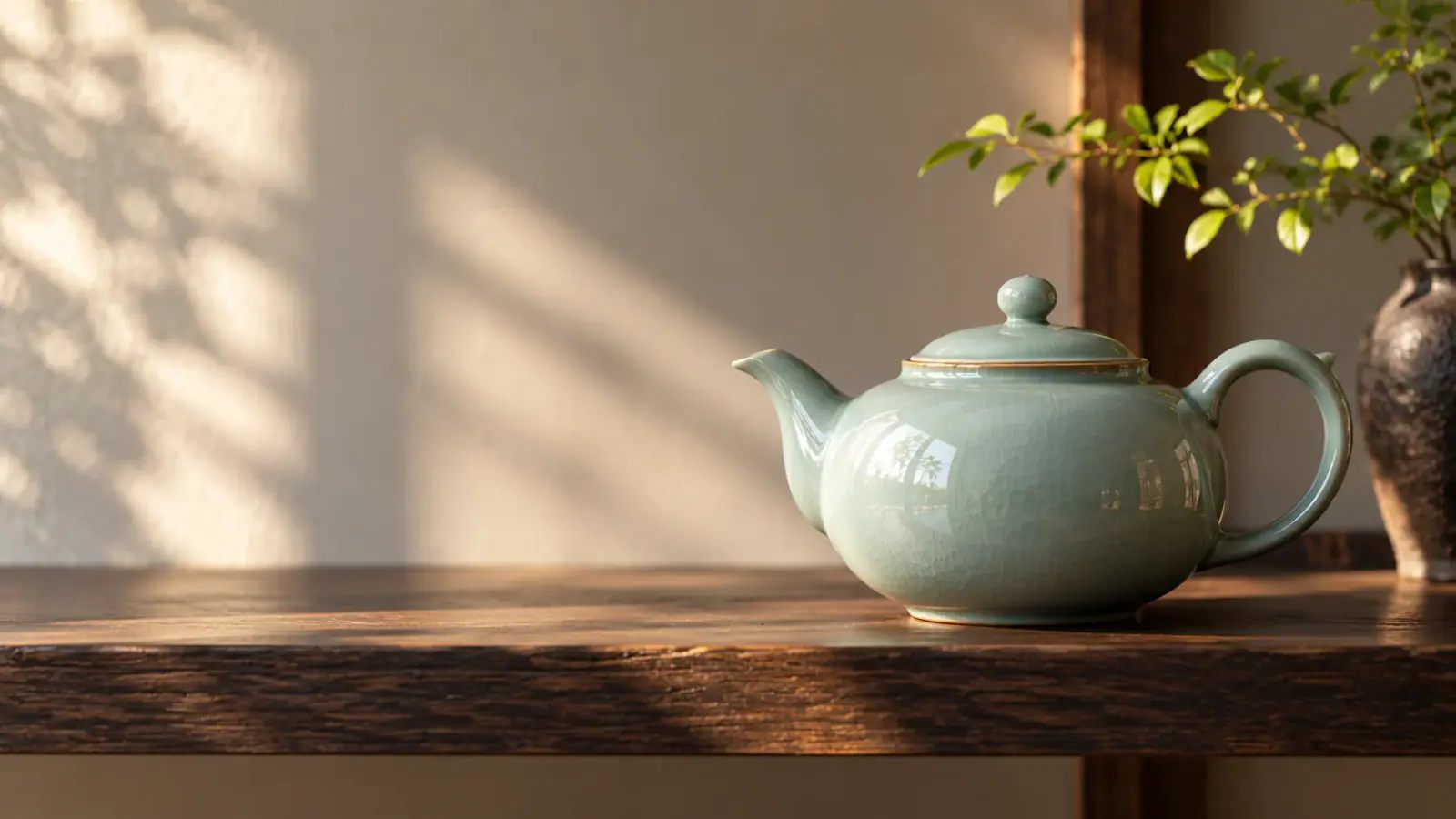 Illustrative scene: Morning light across a celadon teapot on an oak shelf.