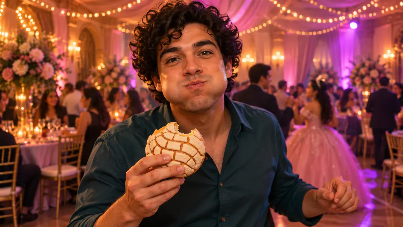 AI concept illustration of a fictional party guest with puffed cheeks holding a bitten concha and looking into the camera.
