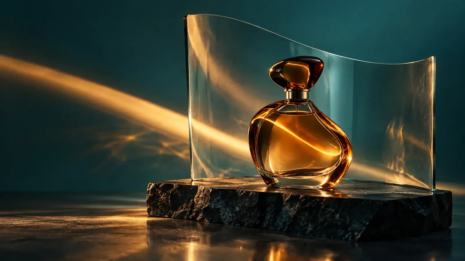 Concept illustration of an amber glass bottle on a slate plinth, not model output